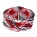 Detail of red and white checkered knit headband with a stylish crossover twist design - Red Plaid