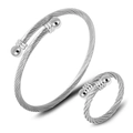 Detailed view of silver twisted cable spring bracelet and matching ring jewelry set - Silver