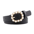 Cintura classica in finta pelle con fibbia dorata circolare ed eleganti decori di perle - Larghezza 2.3 Lunghezza Totale 107cm / Nero