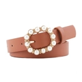 Cintura marrone da donna in ecopelle con fibbia rotonda dorata e dettagli in perle - Larghezza 2.3 Lunghezza Totale 107cm / Cammello