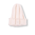 Close-up detail of soft cream-colored ribbed knit beanie hat for infants and toddlers - No Ball Style / Off White