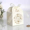 Ivory Chinese wedding candy box with laser-cut Double Happiness design and silk ribbon - Ivory