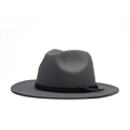 Detail of a dark grey wool fedora hat featuring a flat brim and a black decorative band - Adult 56-60cm / Gray