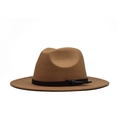 Classic camel wool fedora hat with flat brim and black leather belt accent for autumn style - Adult 56-60cm / Khaki