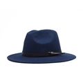 Detailed side view of navy wool fedora hat with black leather belt and side knot - Adult 56-60cm / Navy Blue