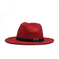 Detail of red wool fedora hat featuring a black leather belt and silver metal buckle - Adult 56-60cm / Red