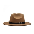 Classic camel wool fedora hat with wide brim and black leather belt buckle detail - Adult 56-60cm / Khaki