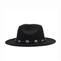 Cappello fedora nero in lana a tesa larga con cinturino in pelle e decori metallici - Adulto 56-60cm / Nero