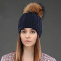 Navy blue winter knitted beanie with a premium brown faux fur pom pom for women - Navy Blue + Natural Pom Pom