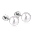 Elegant round white pearl stud earrings with stainless steel flat back screw posts - 7mm / Steel