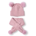 Pink knit hat and scarf set for toddlers featuring fluffy dual pompoms and ribbed texture - Pink