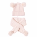 Detail of pink knitted baby hat and scarf set with soft fluffy pom-poms for winter - Light Pink