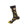 Men's mid-calf socks with black base, yellow toe, and tropical bird floral print - No. 035 Black Bird Flower