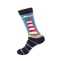 Adult crew socks featuring a lighthouse and sea birds pattern with navy and light blue design - No. 081 Lighthouse
