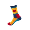 Mid-calf cotton socks featuring vibrant geometric color block patterns in blue and red - No. 014 Geometric Block