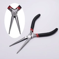 Detail of needle nose jewelry pliers with black and red non-slip grip on white background - Long Needle Nose Pliers
