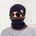 Men's navy blue winter knitted hat and neck warmer set with thick fleece lining - Adult / Navy Blue