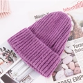 Dicke lavendellila gerippte Strickmütze für Damen mit warmem Umschlag-Design - Einheitsgröße / Lila