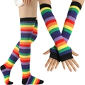 Rainbow striped cotton long gloves and thigh high socks set for cosplay performances - One Size / Black (Gloves and Socks Set)