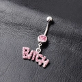 Close-up of silver navel ring with pink crystal Bitch pendant on black leather - Light Pink