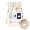 Beige canvas drawstring bucket bag with illustrations and a detachable shoulder strap - Six Grids