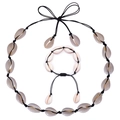 Handmade shell necklace and bracelet set with adjustable black woven cord for women - Dark Natural Texture Shell Set (Set 6)