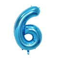 Detail view of a 40-inch blue metallic foil balloon in number 6 shape for parties - Number 6 / Blue