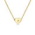Macro detail of golden heart pendant featuring a laser-engraved letter P on polished metal - Gold P