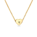 Close-up of heart-shaped gold necklace pendant with engraved letter Q on a fine chain - Gold Q