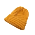 Detailed texture of ginger yellow ribbed knit beanie for children with folded cuff edge - One Size / Yellow