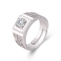 Men's wide diamond-set open ring with geometric patterns and sparkling round center stone - Adjustable Open / White Gold Plated Copper / Men's Style (Single Piece)
