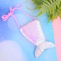 Pink sequin mermaid tail crossbody bag for kids with iridescent silver fin and rope strap - Pink