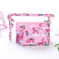 Three-piece clear PVC toiletry bag set featuring pink llama and green cactus prints - Pink Alpaca