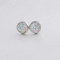 Detailed close-up of 10mm round silver stud earrings with glittering colorful drusy stone - Colorful Sparkling (9)