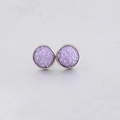 Close-up of 10mm round purple druzy stud earrings with silver-toned stainless steel bases - Purple Granules (11)