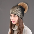 Winter knit beanie for women in black with gold sparkles and large brown fur pompom - Black Gold with Natural Color Pom-pom
