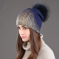 Dark blue winter knit beanie with gold foil print and large faux fur pompom detail - Blue Gold with Navy Pom-pom