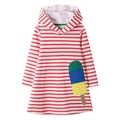 Girl's red striped hooded dress featuring a colorful ice cream embroidery patch - 3T Recommended Height 90-95 / Top And Bottom - Red and White Striped Ice Cream (7164) / Red and White Striped