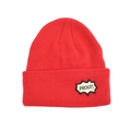 Detailed knit texture of a red kids beanie featuring a yellow Prout patch embroidery - Red