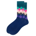 Detail of argyle pattern crew socks featuring colorful geometric knit and ribbed cuffs - Size 38-46 / Dark Green Rib Navy Blue