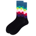Detailed view of combed cotton socks with colorful diamond pattern and ribbed cuffs - Size 38-46 / Deep Blue Rib Black