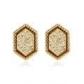 Macro detail of hexagonal gold earrings featuring glittering crushed stones and starry texture - Dark Gold