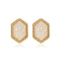 Detailed macro view of pink iridescent hexagonal stud earrings with gold textured frames - Flesh Pink