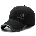 Men's winter wool cap in dark black with gray narason embroidery and leather trim - Adjustable / Black