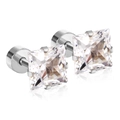 Square-cut clear cubic zirconia stud earrings with silver four-prong setting and screw backs - White Zirconia / 7mm / Steel