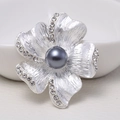 Elegant matte silver flower brooch with textured petals, rhinestones and dark grey pearl - 0468-Silver Flower Rhinestone Pearl