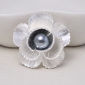 Matte silver flower brooch with grey pearl center in elegant multi-layered petal design - 0470-Silver Flower Pearl