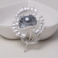 Elegant matte silver flower brooch with grey pearl and rhinestones in heart ceramic tray - 0472-Silver Flower Pearl Rhinestone