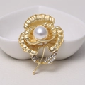 Elegant gold flower brooch with a large white pearl and sparkling crystal rhinestones - 0472-Gold Flower Pearl Rhinestone