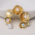 Matte gold leaf brooch with three colorful rhinestones and two white pearls - 0476-Gold Lotus Leaf Pearl Rhinestone